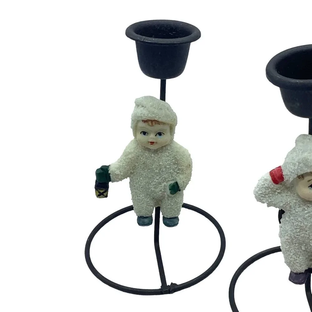 Vtg Crown‎ Greetings Ceramic Snowball Kids Candle Holder Lot of 4 Handmade 5